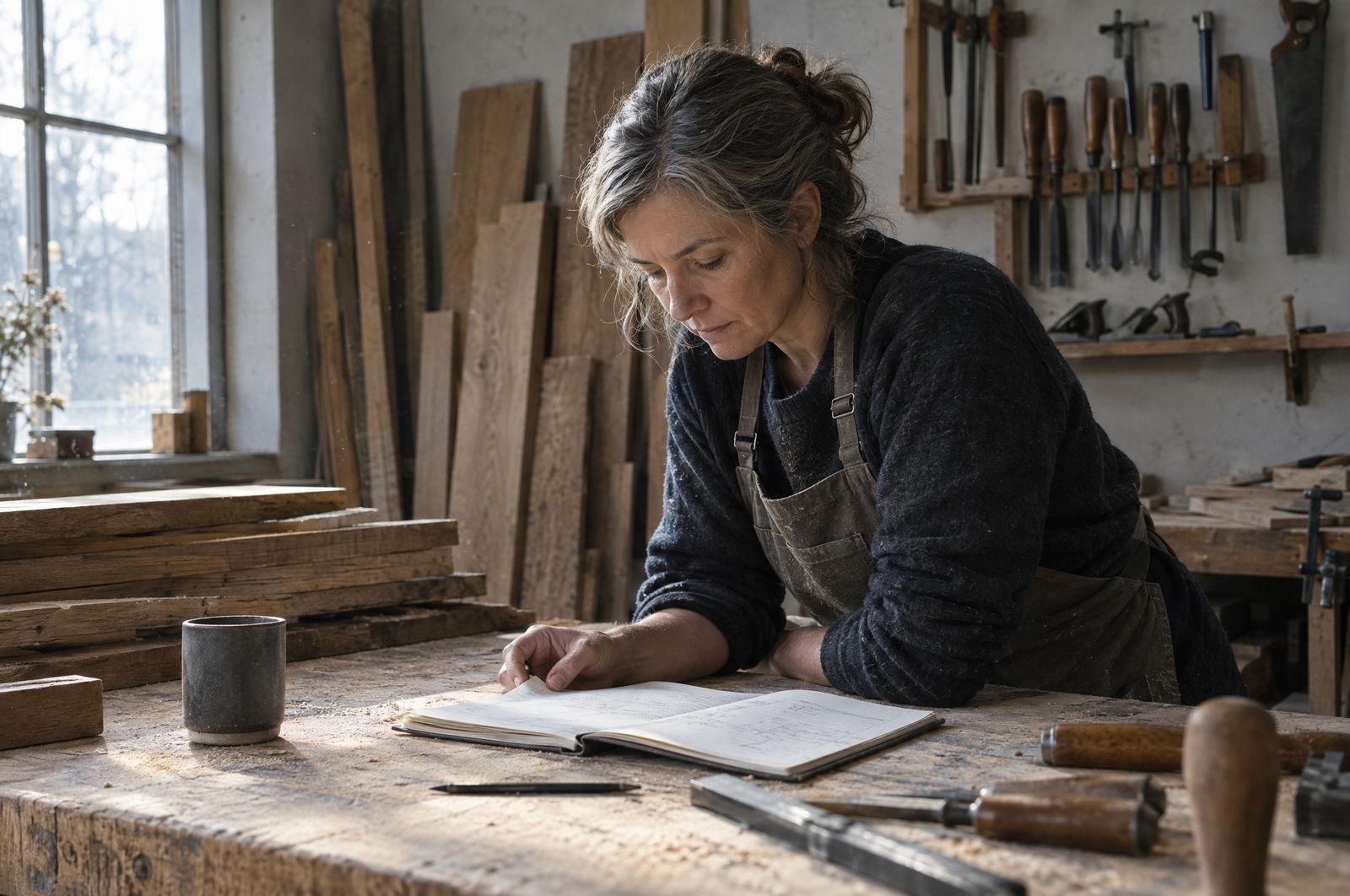 A business owner reviewing a notebook at a workbench in her workshop