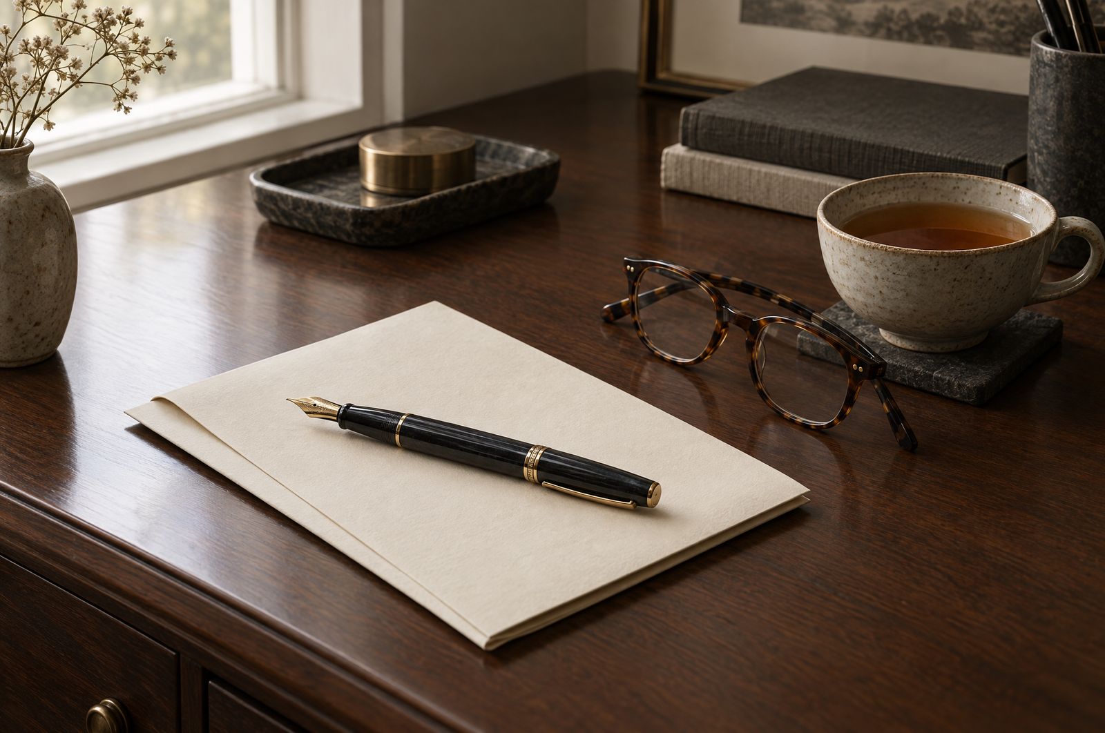 A quiet writing desk with a fountain pen, a folded document, and reading glasses